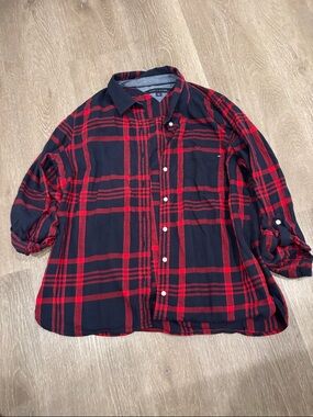 Tommy Hilfiger Red and Black Plaid Button-Up Shirt